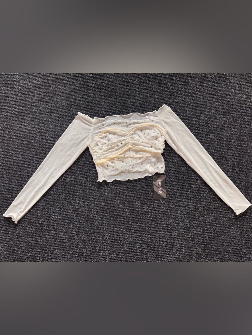 SHEIN Cream Off-Shoulder Long Sleeve Ruched Crop Top